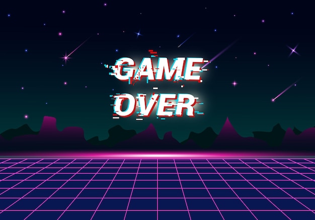 Vector retro neon met bergversieringen en gameover-schrift