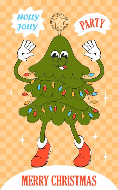 Vector retro new year tree mascot character in retro merry christmas and happy new year