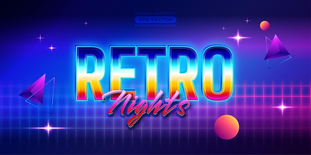 Vettore retro nights text effect con tema vibrante concetto di luce al neon per volantini alla moda e promozione di modelli di banner