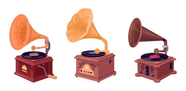 Retro nostalgic music devices gramophone player for listening music antique music gramophones flat vector illustration set old school gramophones