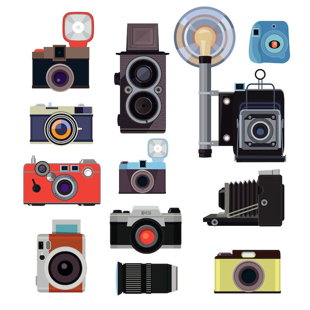 Retro vecchie macchine fotografiche e simboli per i fotografi. immagini piatte vettoriali. illlustration dell'attrezzatura digitale del fotografo, fuoco della foto