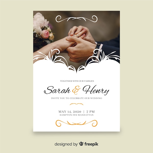 Retro ornamental wedding invitation template with photo