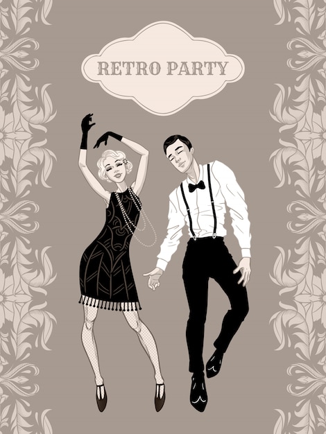 Vector retro partij kaart, man en vrouw gekleed in jaren 1920 stijl dansen, flapper meisjes knappe jongen in vintage pak, jaren twintig, illustratie