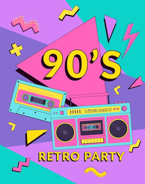 Вектор Плакат ретро-вечеринки 90-х с кассетой бумбокс музыкальный фестиваль фон в стиле мемфис