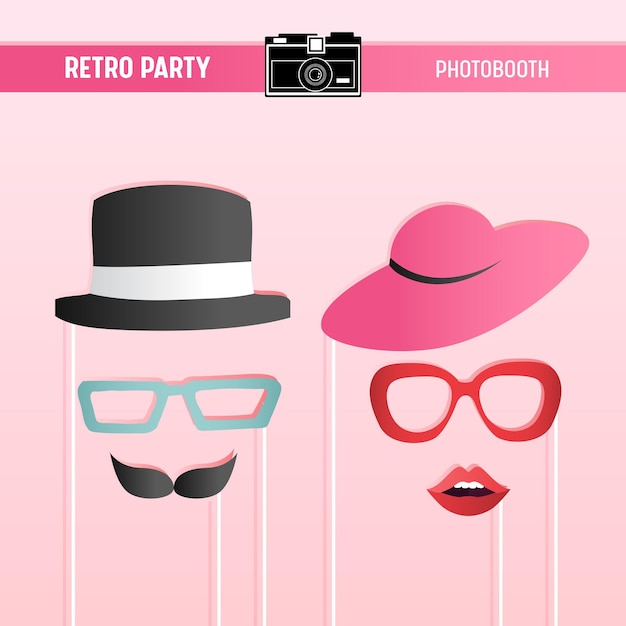 Retro party, bridal shower, wedding celebration, movember printable Glasses, Hats, Lips, Moustaches, Masks for photobooth props in vector