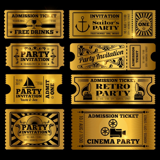 Retro party, cinema, invitation tickets set