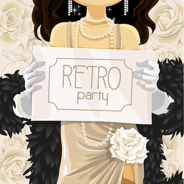 Vector retro party poster in hands of beautiful woman