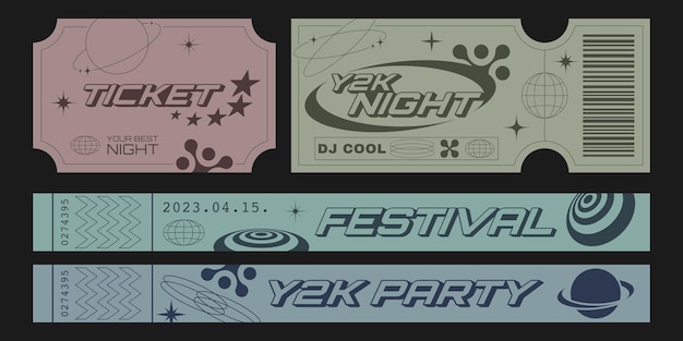 Retro party tickets and control bracelets template with futuristic elements Y2k aesthetic design