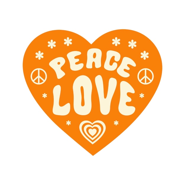 Retro Peace Love-slogan met symboolvrede, schattige bloemen in hartvorm.