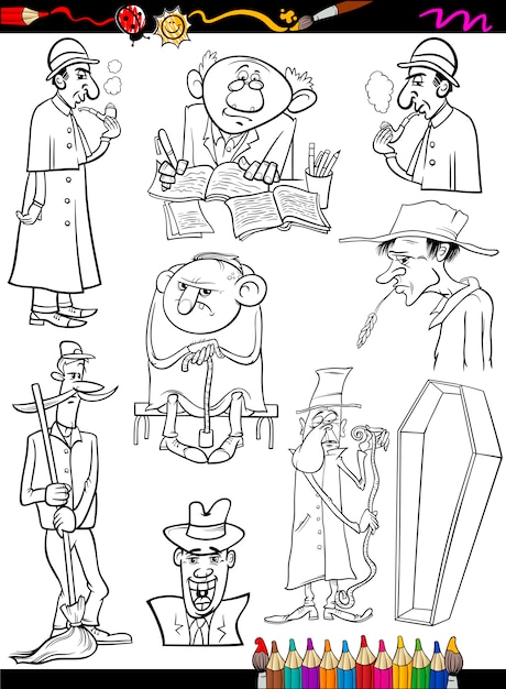 Retro people set cartoon coloring page