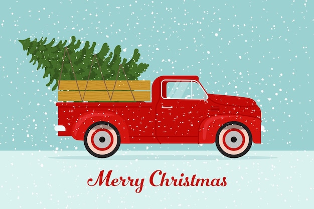 Retro pick-up met een kerstboom vintage vector illustratie in platte stijl stijl