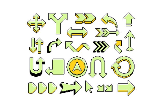 Vector retro pixel arrow icon set