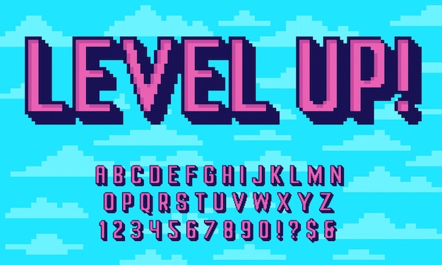 Vector retro pixel art 3d lettertype 8 bit typografie alfabet geëxtrudeerde letters en korrelige cijfers oude arcade game stijl vector set