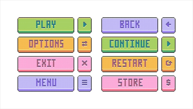 Retro Pixel Art Game Menu Knoppen in Pastel Kleuren Vector UI Elementen voor Vintage Gaming Interface