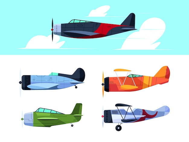 Retro plane Civil aviation old style plane in sky travel symbols garish vector illustration in flat style