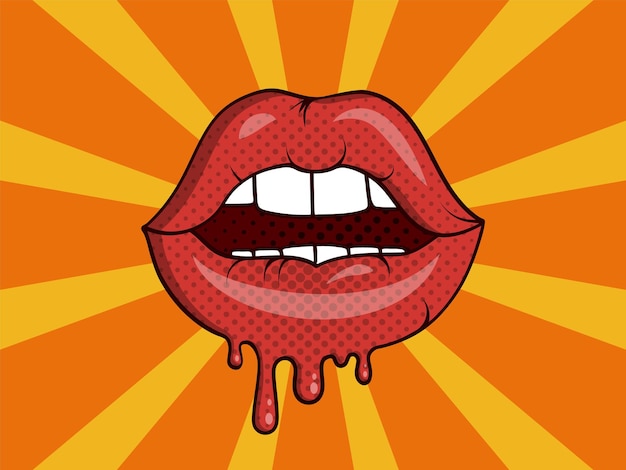 Retro pop art mouth comic vintage funny girl red lips modern poster isolated sticker beauty shop advertising sexy lipstick fashion expression texture vector abstract card