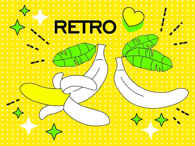 Vector 黄色の背景に黄色のバナナのレトロなポップアート。漫画の web バナー、websi のレトロなバナー