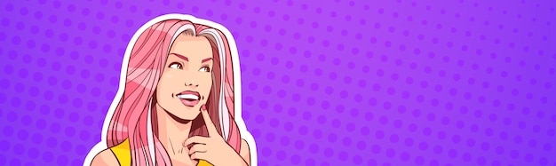 Retro portrait of beautiful woman in pop art style with long pink hair looking up