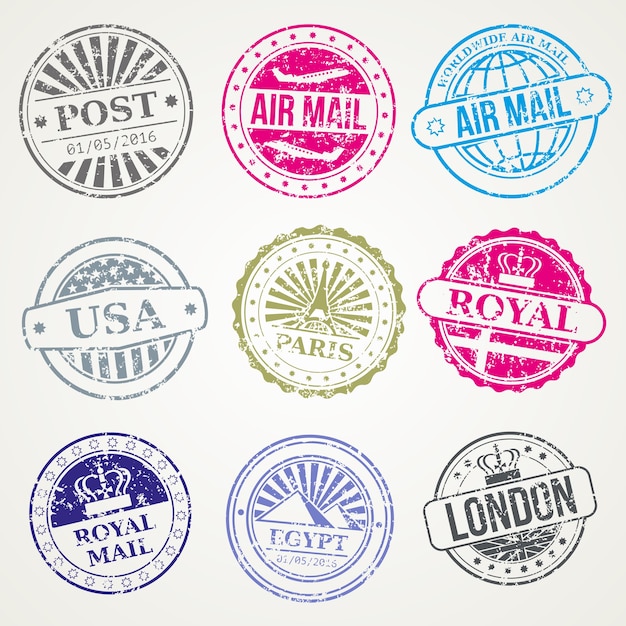 Vector retro postal stamps mail post office air vector set