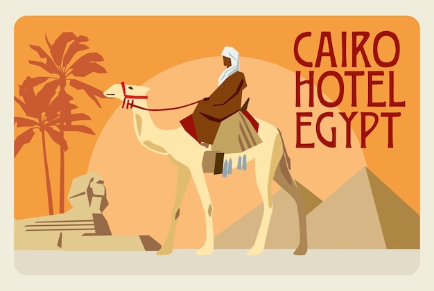 Retro postcard Egypt A rider on a camel in the background of a pyramid a sphinx and palms