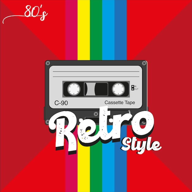 Retro poster 80s stijl flyer met audio cassette streamer vector illustratie