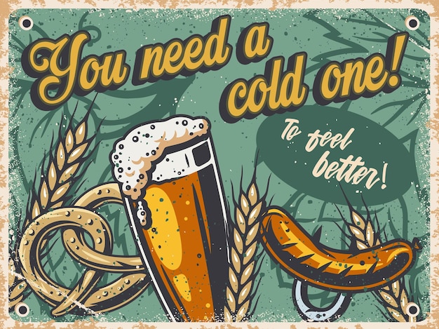 Retro poster craft lager beer mug with foam Pint pretzel and barley for bavarian oktoberfest