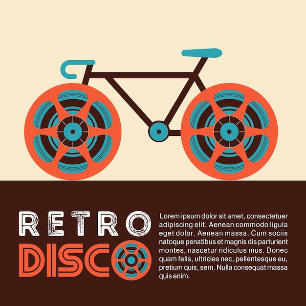 Vector retro-poster. een fiets met wielen gemaakt van tapehaspels.