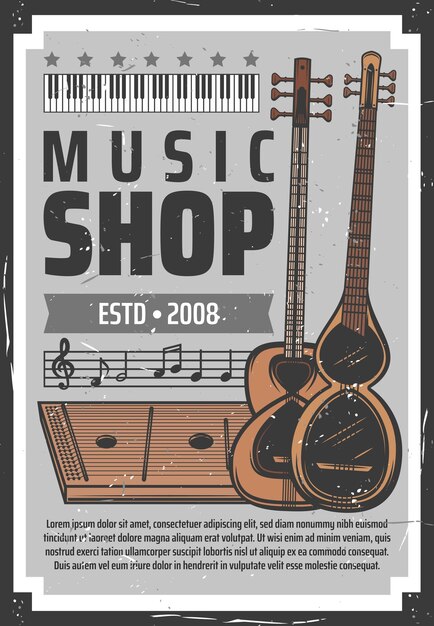 Vector retro poster folk classic music instruments shop