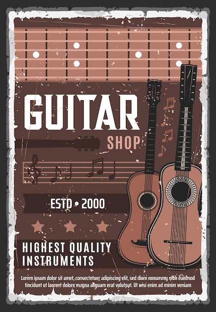 Vector retro poster guitar and music instruments shop