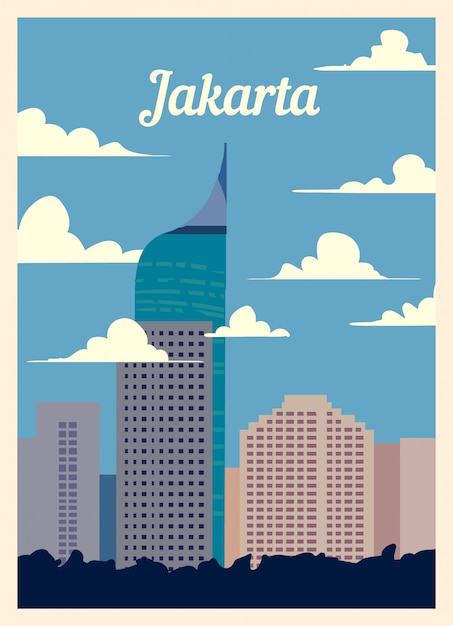 Retro poster Jakarta city skyline.