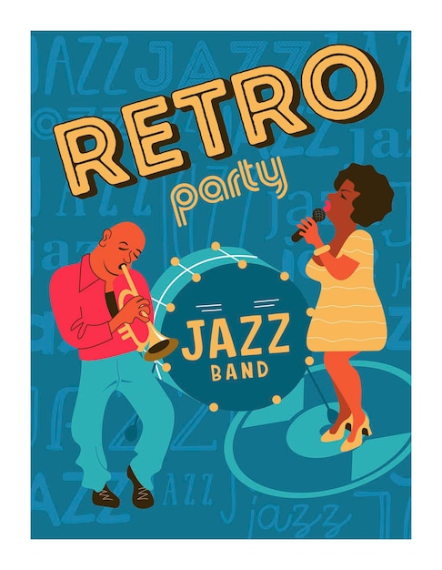 Retro-poster. jazzfeestje. trompettist en jazzzanger.