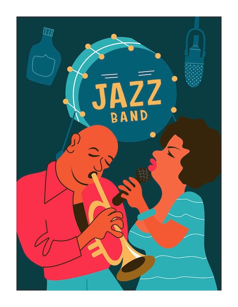 Retro-poster. jazzfeestje. trompettist en jazzzanger.