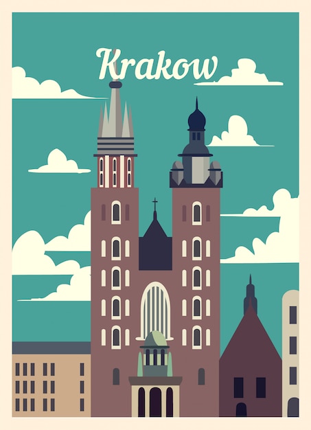 Retro poster Krakow city skyline.