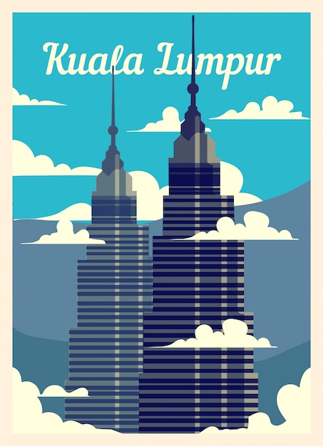 Poster retrò skyline della città di kuala lumpur.