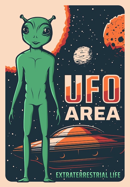 Retro poster met alien, ufo en ruimteschip, buitenaardse hoek met groene huid en grote ogen.