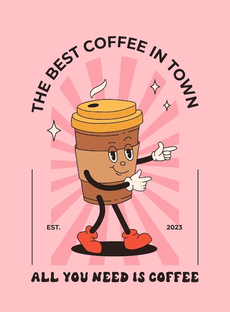 Retro poster met koffie mascotte cartoon personages grappige kleurrijke doodle stijl personages cappuccino cacao latte espresso Vector illustratie met typografie elementen