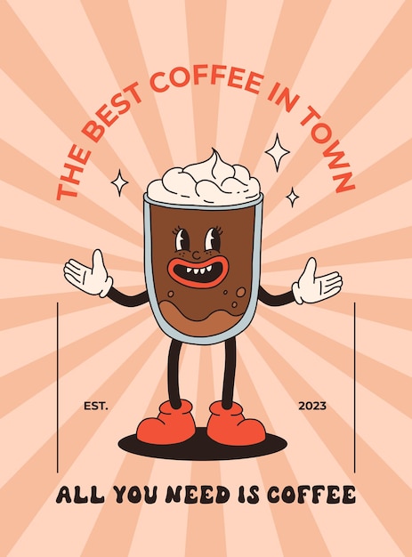 Retro poster met koffie mascotte stripfiguren grappige kleurrijke doodle stijl karakters cappuccino cacao latte espresso vectorillustratie met typografie-elementen