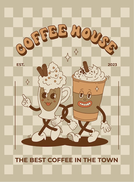 Retro poster met schattige stripfiguren van koffie afhaalmaaltijden en gebak donut chocolate chip cookie ijs en cupcake Desserts eten en drinken in retro groovy stijl