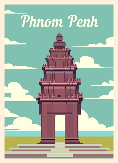 Retro poster Phnom Penh skyline van de stad.