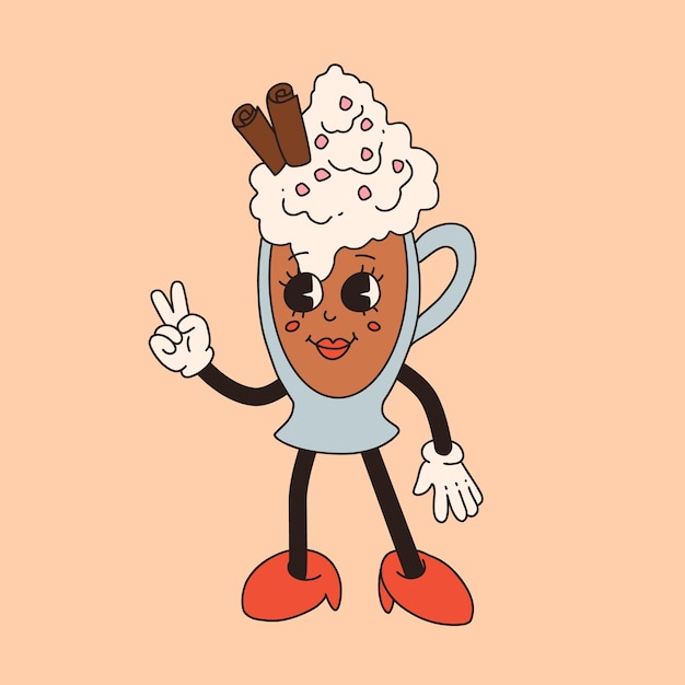 Vettore poster retrò con personaggi dei cartoni animati della mascotte del caffè divertenti personaggi colorati in stile doodle cappuccino cacao latte espresso illustrazione vettoriale con elementi tipografici