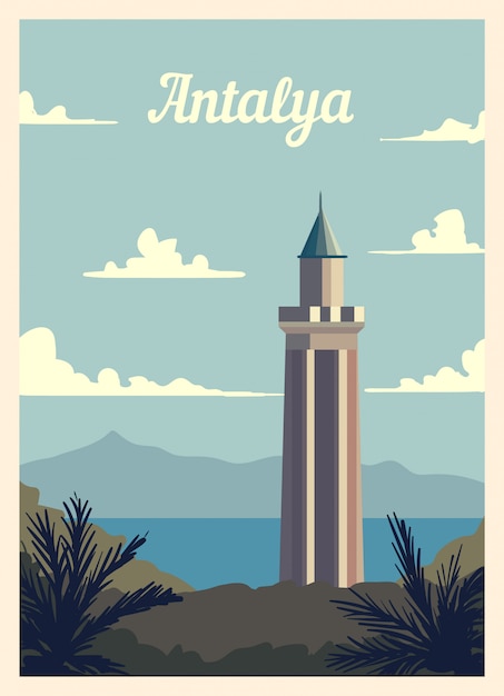 Retro poster skyline van de stad Antalya.