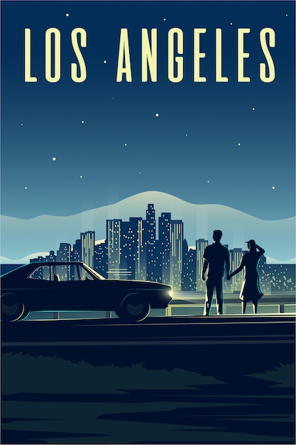 レトロなポスター。縦のイラスト。 LA。ロサンゼルス。男と女は夜の街を見ます。愛のカップル。都市の景観。