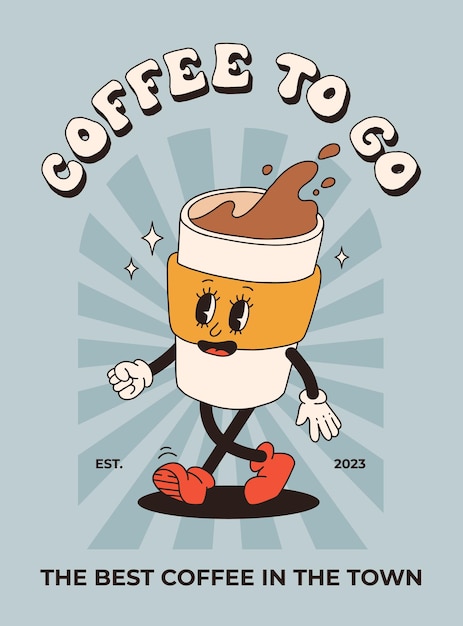 Poster retrò con personaggi dei cartoni animati della mascotte del caffè divertenti personaggi colorati in stile doodle cappuccino cacao latte espresso illustrazione vettoriale con elementi tipografici