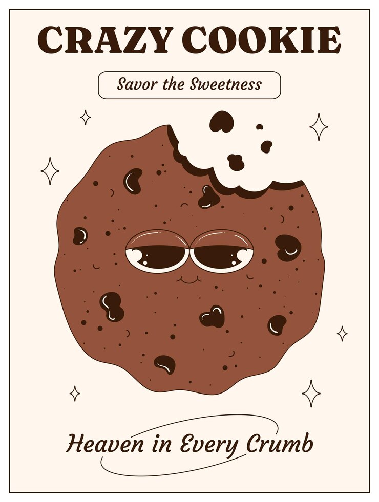 Vector retro poster with a cookie with eyes in a groovy style pastries and sweets national dessert day