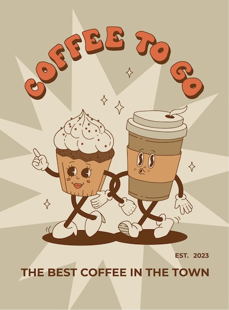 커피 테이크아웃의 귀여운 만화 캐릭터와 패스트리 도넛 초콜릿 칩 쿠키 아이스크림, 컵케이크 디저트 음식과 복고풍 그루비 스타일의 복고풍 포스터