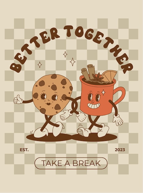 Retro poster with cute cartoon characters of coffee takeaway and pastries donut chocolate chip cookie ice cream and cupcake Desserts food and drink in retro groovy style
