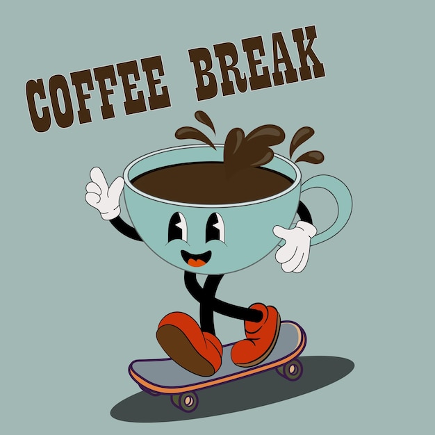 Retro poster with mascot cups of coffee in trendy vintage cartoon style