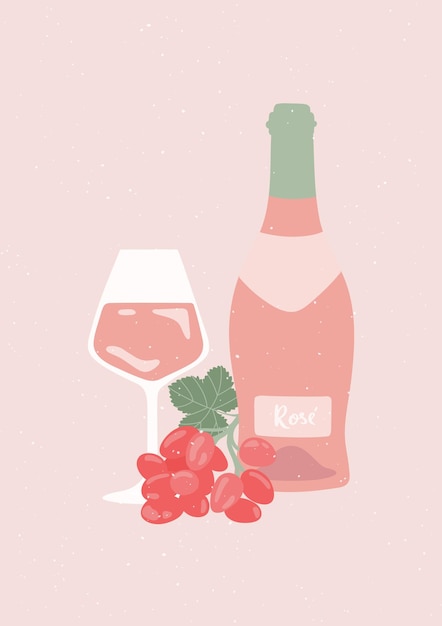 Poster retrò con bottiglia di vino rosato, bicchiere di vino e uva