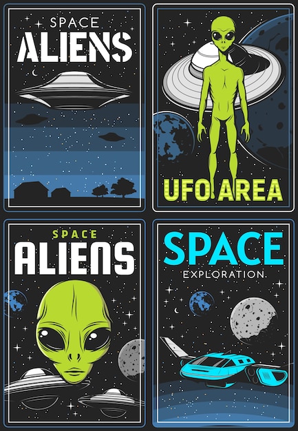 Retro posters met buitenaards en ufo-gebied