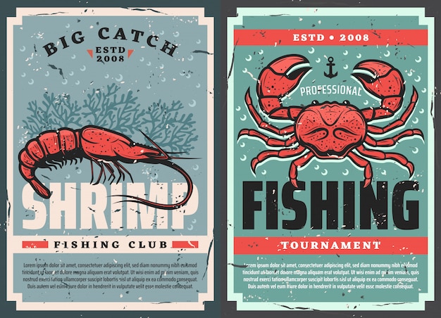 Vector retro posters, seafood shrimps and crab fishing